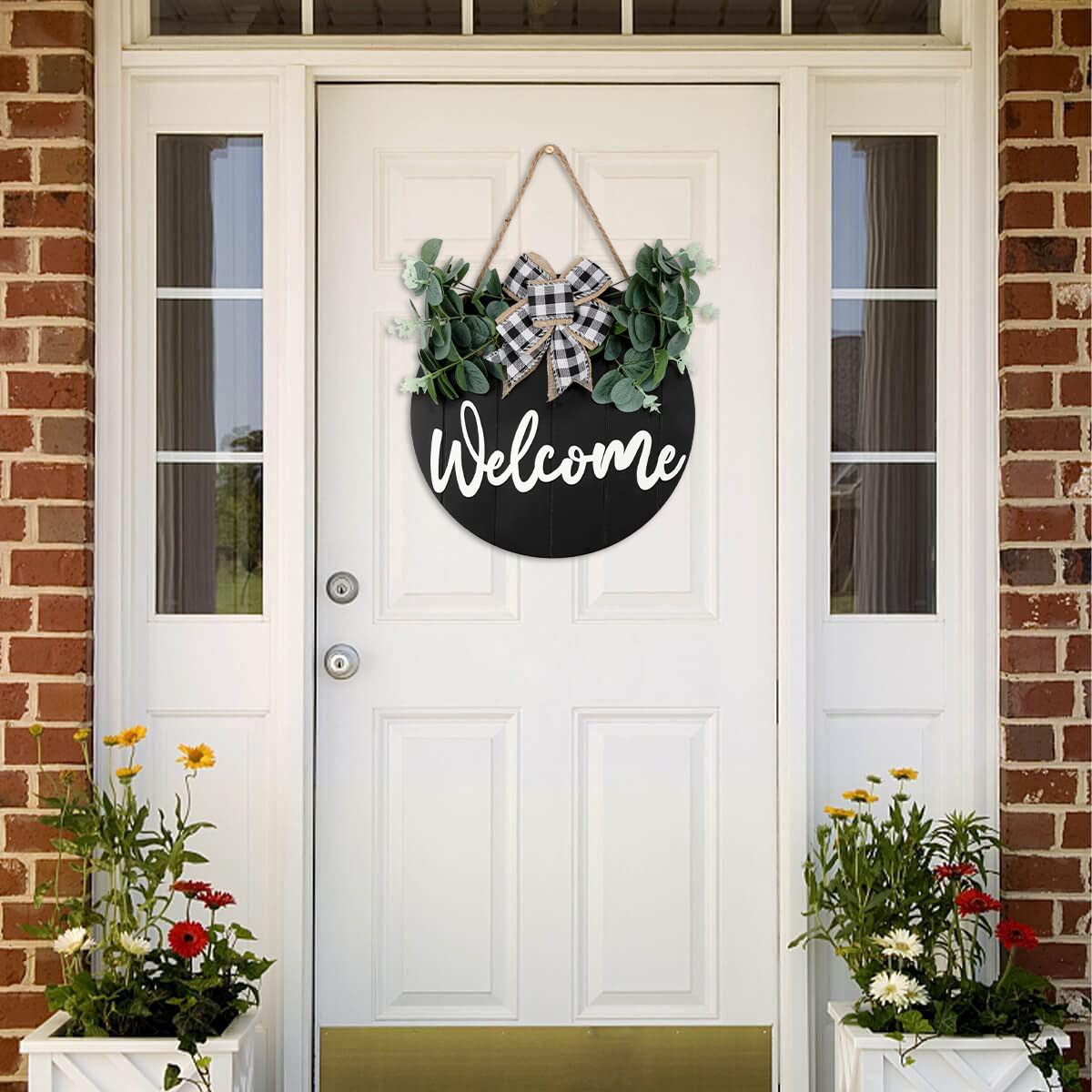 3D Welcome Wreaths for Front Door | White Horizontal Concave Stripes Wooden Farmhouse Welcome Sign for Home Wall Decor