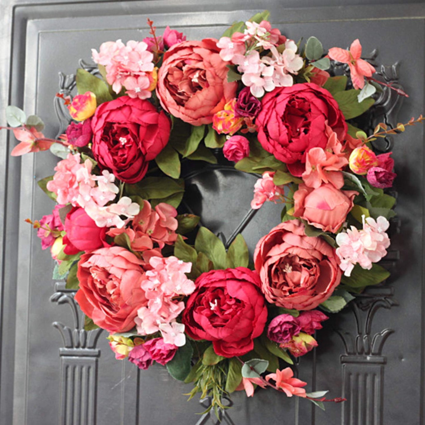 Artificial Flower Wreath for Front Door Burgundy Peony Faux Floral Wreath Spring Summer Garland for Door Wall Window Hanging Wedding Party Fistival Welcome Hello Wreath Home Decor