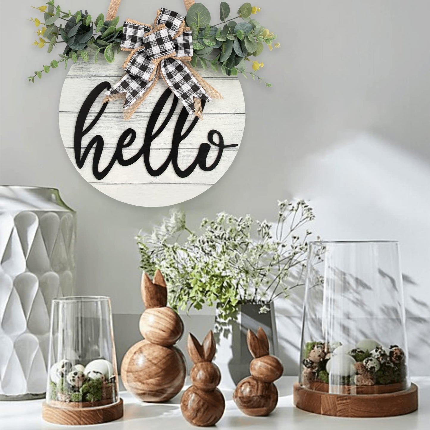 3D Welcome Wreaths for Front Door | White Horizontal Concave Stripes Wooden Farmhouse Welcome Sign for Home Wall Decor