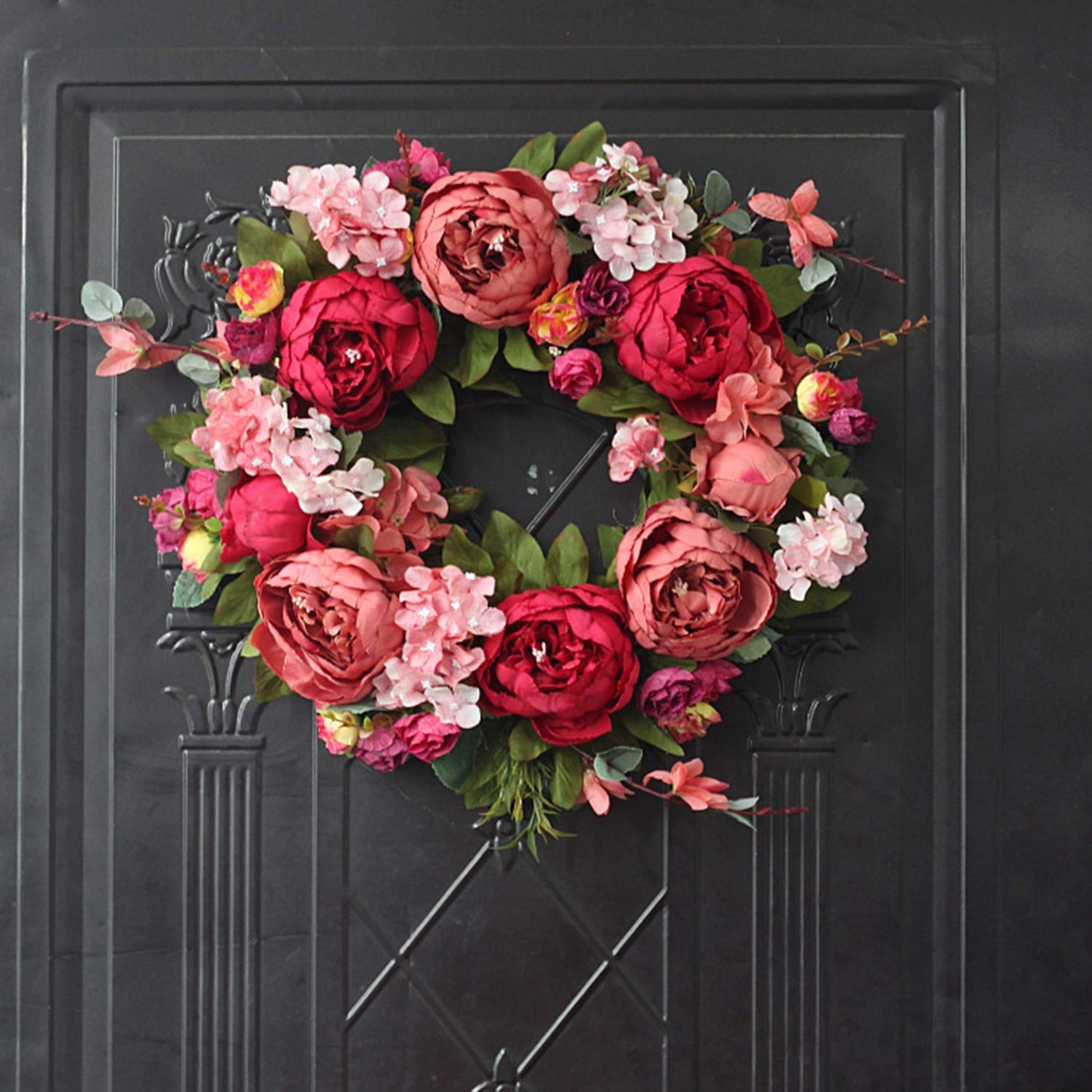 Artificial Flower Wreath for Front Door Burgundy Peony Faux Floral Wreath Spring Summer Garland for Door Wall Window Hanging Wedding Party Fistival Welcome Hello Wreath Home Decor