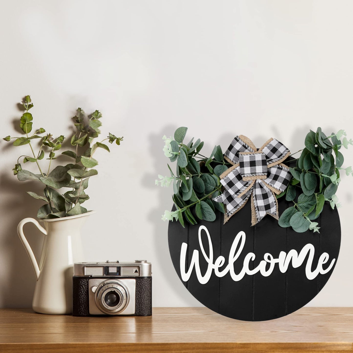 3D Welcome Wreaths for Front Door | White Horizontal Concave Stripes Wooden Farmhouse Welcome Sign for Home Wall Decor