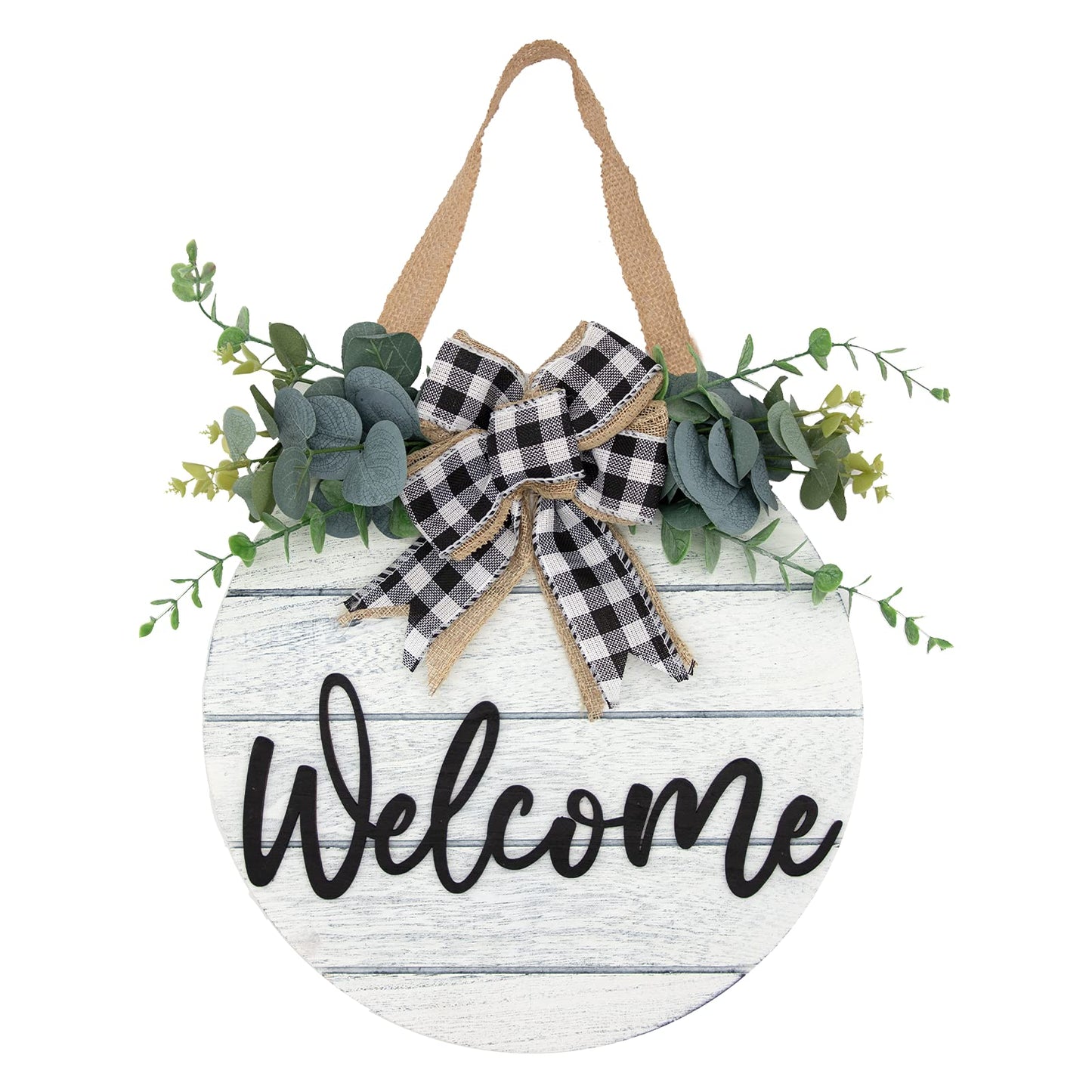 3D Welcome Wreaths for Front Door | White Horizontal Concave Stripes Wooden Farmhouse Welcome Sign for Home Wall Decor