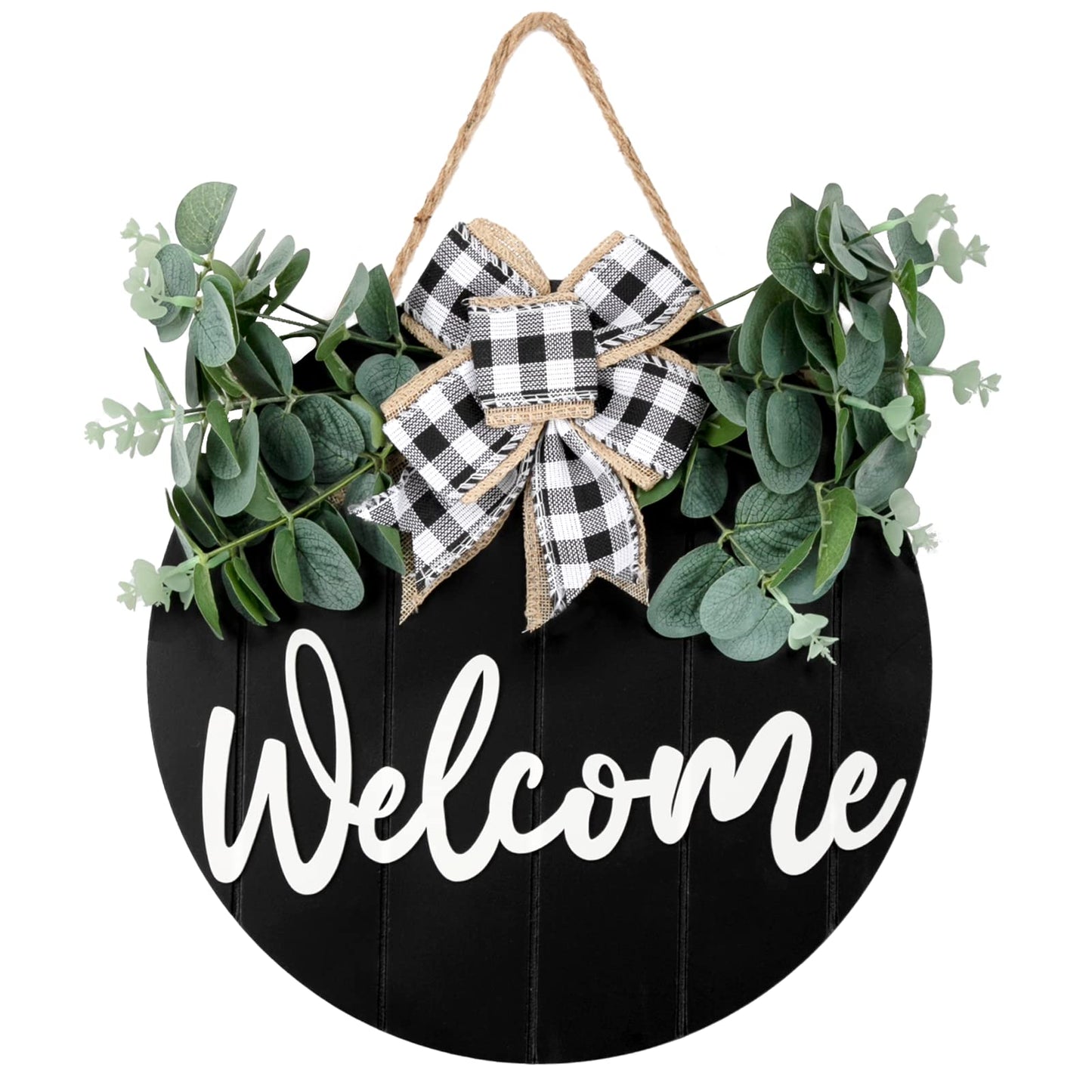 3D Welcome Wreaths for Front Door | White Horizontal Concave Stripes Wooden Farmhouse Welcome Sign for Home Wall Decor