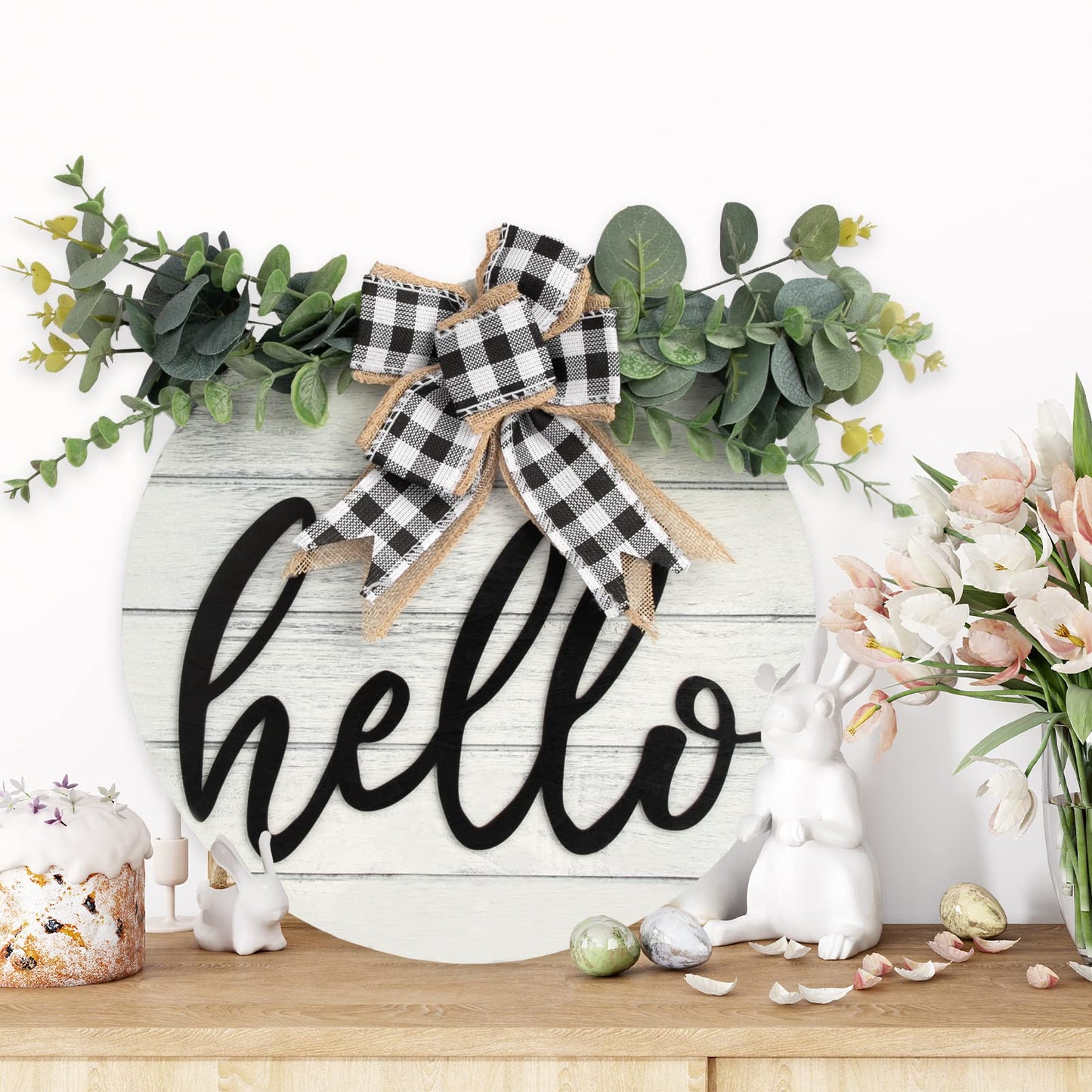 3D Welcome Wreaths for Front Door | White Horizontal Concave Stripes Wooden Farmhouse Welcome Sign for Home Wall Decor