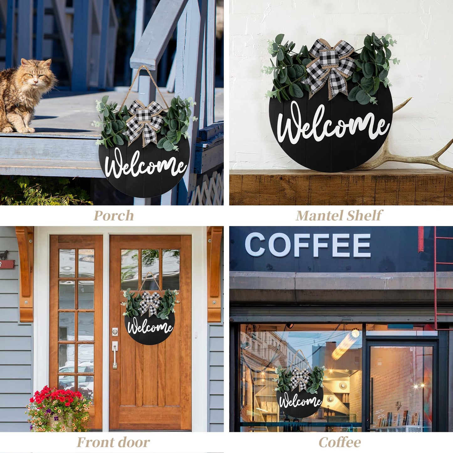 3D Welcome Wreaths for Front Door | White Horizontal Concave Stripes Wooden Farmhouse Welcome Sign for Home Wall Decor